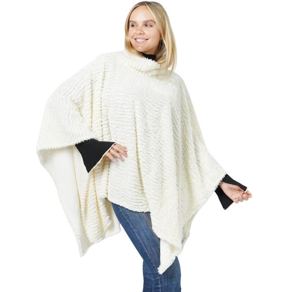 8660 - Rippled Faux Fur Poncho Ivory - 