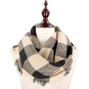 2532 - Infinity Scarves - Woven Plaid  8628 Beige-Black Multi Woven Plaid Infinity w/ Self Fringe* (MB) - 