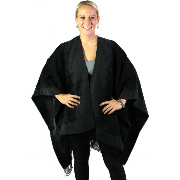 C Ruana-Style Wool Feel Capes Rose Border - Black-Grey - 