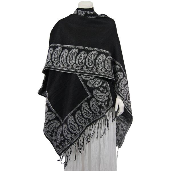 C Ruana-Style Wool Feel Capes Paisley Border - Black-Grey - 