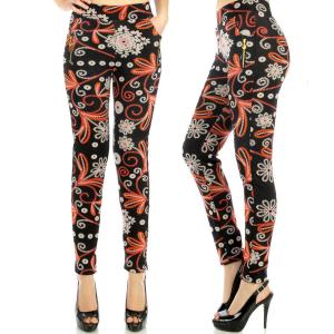 Wholesale 2598 - Fur Lined Leggings - Ankle Length Prints E28 Floral Dots w/ Zipper Pockets - One Size Fits All