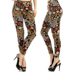 Wholesale 2598 - Fur Lined Leggings - Ankle Length Prints E28 Floral w/ Zipper Pockets - One Size Fits All