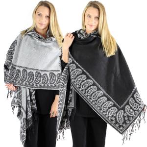 2965 - Printed Ruana Capes Wool Feel - Paisley Border Black-Grey - 