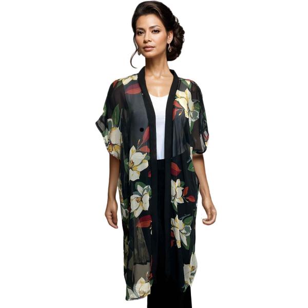 9265 - Flower Print Chiffon Kimono Black - 