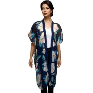 9265 - Flower Print Chiffon Kimono Navy - 