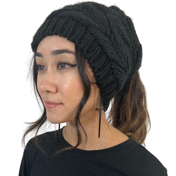 Wholesale 3114 - Winter Knit Hats 9167 Knit Beanie Messy Bun - Black - One Size Fits Most