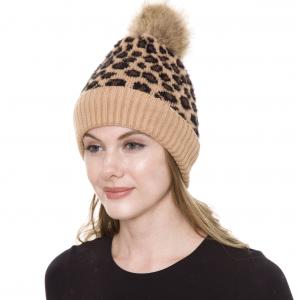 3114 - Winter Knit Hats JH259 Pom Pom Leopard Camel Knit Hat with Sherpa Lining (MB) - One Size Fits Most