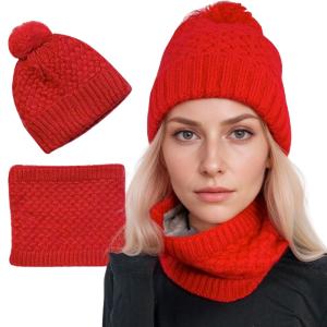 Wholesale 3114 - Winter Knit Hats LC:HSET/Red<br> 
Hat and Neck Warmer Set  - One Size Fits Most