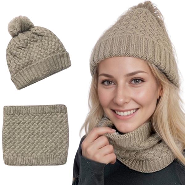 Wholesale 3114 - Winter Knit Hats LC:HSET/Taupe<br>
Hat and Neck Warmer Set  - One Size Fits Most