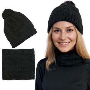 Wholesale 3114 - Winter Knit Hats LC:HSET/Black<br> 
Hat and Neck Warmer Set - One Size Fits Most