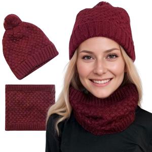 Wholesale 3114 - Winter Knit Hats LC:HSET/Burgundy<br> 
Hat and Neck Warmer Set  - One Size Fits Most