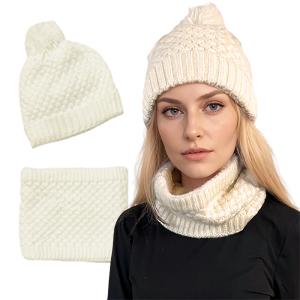 Wholesale 3114 - Winter Knit Hats LC:HSET/Ivory<br> 
Hat and Neck Warmer - One Size Fits Most