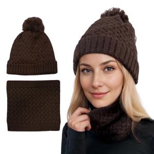 Wholesale 3114 - Winter Knit Hats LC:HSET/Brown<br> 
Hat and Neck Warmer Set  - One Size Fits Most