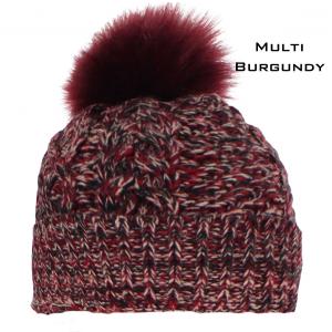 3114 - Winter Knit Hats 10025 BURGUNDY MULTI /FUR POM POM Knit Winter Hat MB - One Size Fits Most