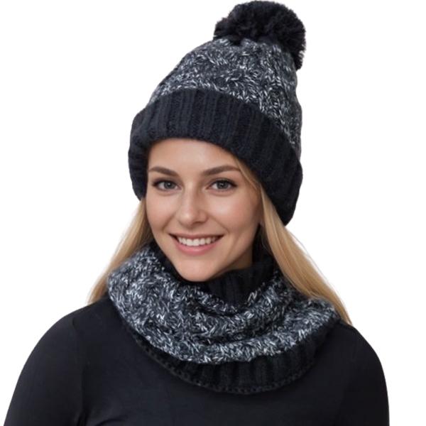 Wholesale 3114 - Winter Knit Hats 1021/Black<br>
Hat and Neck Warmer Set - One Size Fits Most