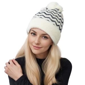 Wholesale 3114 - Winter Knit Hats 1024/Ivory/Black<br>
Chevron Pom Fur Lined Beanie   - One Size Fits Most