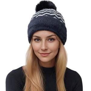 Wholesale 3114 - Winter Knit Hats 1024/Black/Ivory<br>
Chevron Pom Fur Lined Beanie - One Size Fits Most