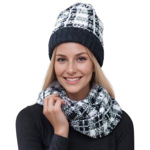 Wholesale 3114 - Winter Knit Hats 1017/Black/White<br>
Chenille Hat and Infinity Set - One Size Fits Most