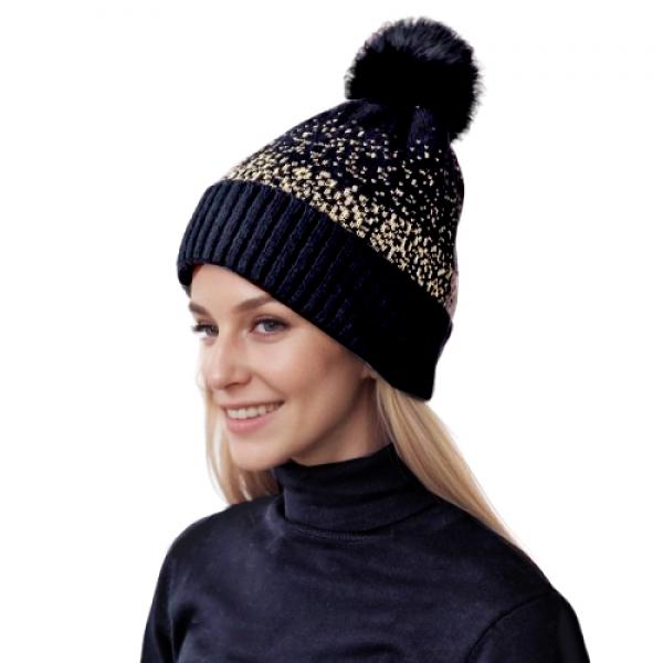 Wholesale 3114 - Winter Knit Hats 1067BK<br>Black/w Gold Sprinkles<br>
Pom Beanie/Fur Lining   - One Size Fits Most