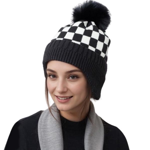 Wholesale 3114 - Winter Knit Hats 1019/Black<br> 
Checkerboard with Ear Flap
 - One Size Fits Most