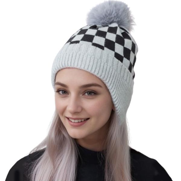 Wholesale 3114 - Winter Knit Hats 1019/Grey<br>
Checkerboard with Ear Flap
 - One Size Fits Most