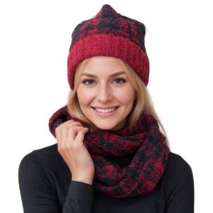 Wholesale 3114 - Winter Knit Hats 1017/Red/Black<br>
Chenille Hat and Infinity Set - One Size Fits Most