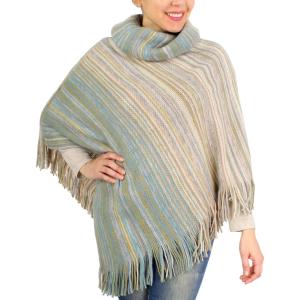 Poncho - Striped Multi Color Knit 9387 Poncho Taupe-Turquoise 9387 - 