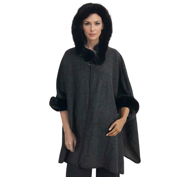 wholesale Cloaks - Hooded Faux Rabbit w/ Buckle Clasp LC14 LC14 - #1 Heathered Black - One Size Fits Most