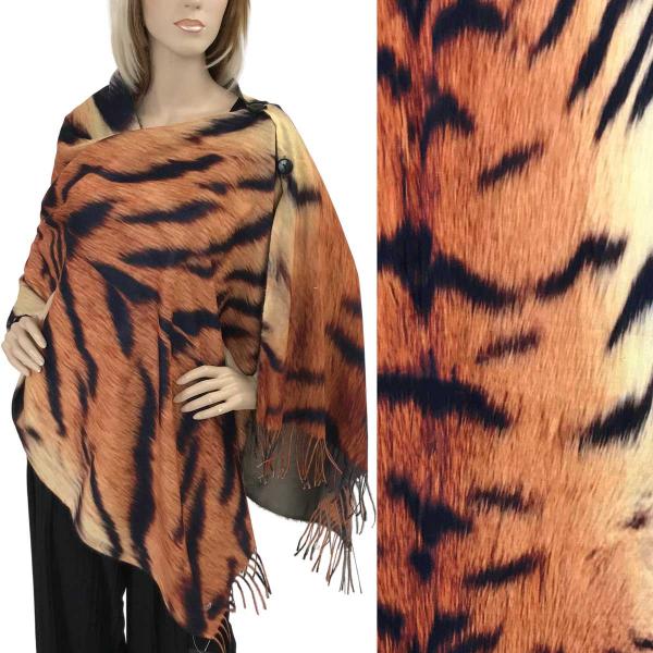 wholesale 3305 - Suede Cloth Animal Print Button Shawl FANTASY TIGER COPPER TONES Suede Cloth Animal Print Shawl with Buttons  - 
