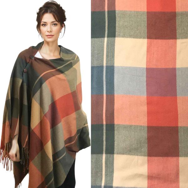 Wholesale Brushed Fiber - V-Neck Long Sleeve Top 2054 3306 Plaid Green-Paprika-Beige with Brown Buttons - 