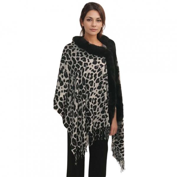 LC1R - Faux Rabbit Trim Shawls LC1R White/Black Leopard with Black Fur - 