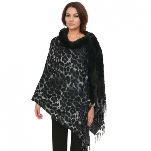 LC1R - Faux Rabbit Trim Shawls LC1R Black/Grey Leopard with Black Fur - 