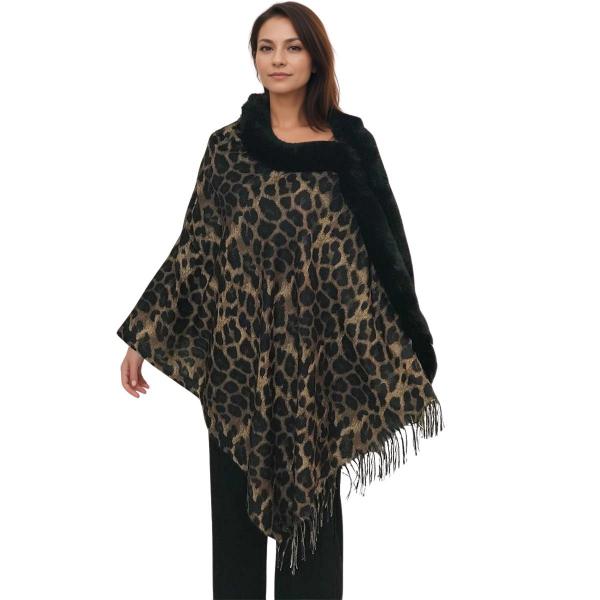 LC1R - Faux Rabbit Trim Shawls LC1R Leopard with Black Fur - 