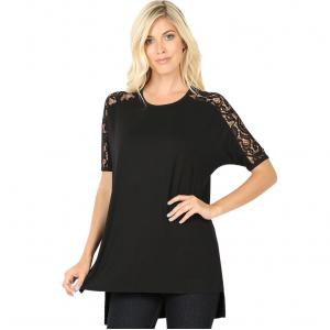 5572 - Lace Sleeve Side Split Hi-Low Tops BLACK Lace Sleeve Side Slit High-Low 5572 (MB) - Large