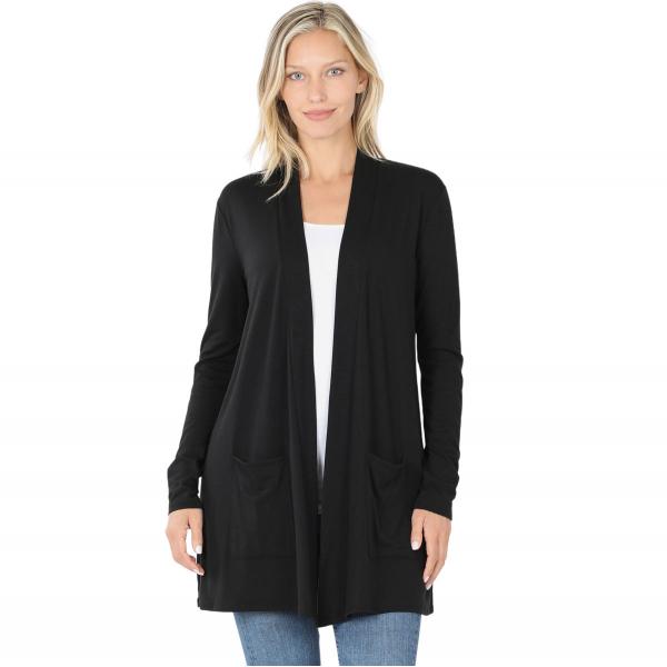 Wholesale 1443 - Slouchy Pocket Open Cardigan  BLACK Slouchy Pocket Open Cardigan 1443  - Large