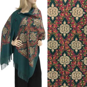 1225 - Christmas Ideas  DARK GREEN MULTI  FESTIVAL Embroidered Cashmere Feel Shawl w/Wooden Buttons  - One Size Fits All