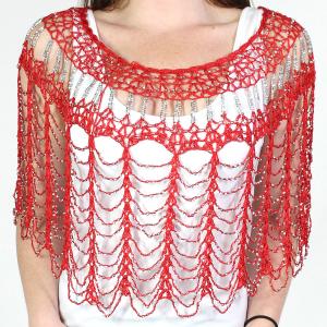 1225 - Christmas Ideas  Beaded Evening Poncho - #003 Red w/ Silver Beads - One Size Fits Most