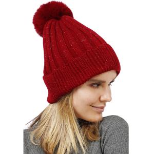 1225 - Christmas Ideas  10875 - Burgundy<br>
Lurex Ribbed Knitted Pompom Beanie - One Size Fits Most