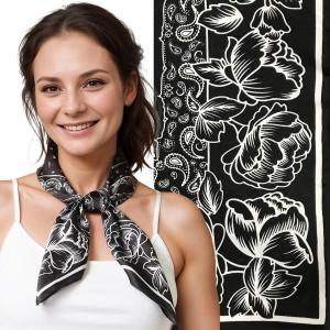 Wholesale 3413 -  Light Satin Neckerchief Squares 10465/BK<br>
Black Bandana Print  - 27.5