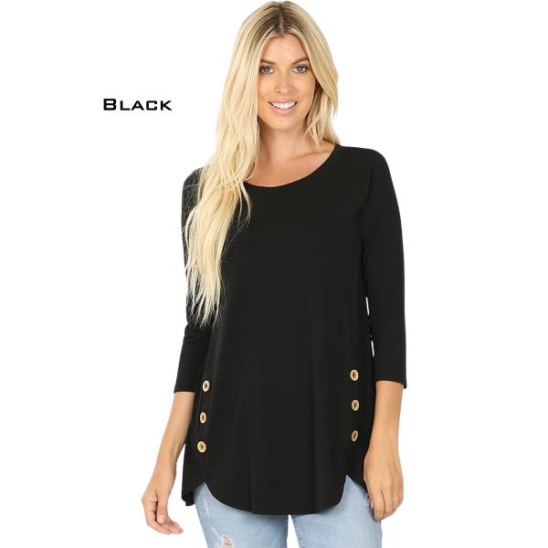 wholesale 2032 - 3/4 Sleeve Side Wood Button Tops BLACK 3/4 Sleeve Side Wood Buttons Top 2032 - Small