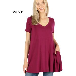 Wholesale 1635 - Short Sleeve V-Neck Flared Tops WINE Short Sleeve V-Neck Top w/ Pockets 1635 - Small