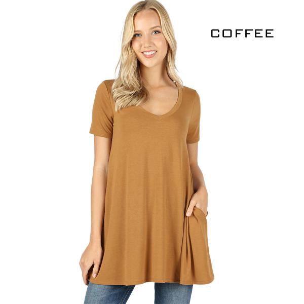 Wholesale 1635 - Short Sleeve V-Neck Flared Tops COFFEE Short Sleeve V-Neck Top w/ Pockets 1635 - Medium