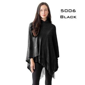 3527 - Assorted Autumn/Winter Ponchos  CWR5006 BLACK Hooded Poncho with Fringe - One Size Fits Most