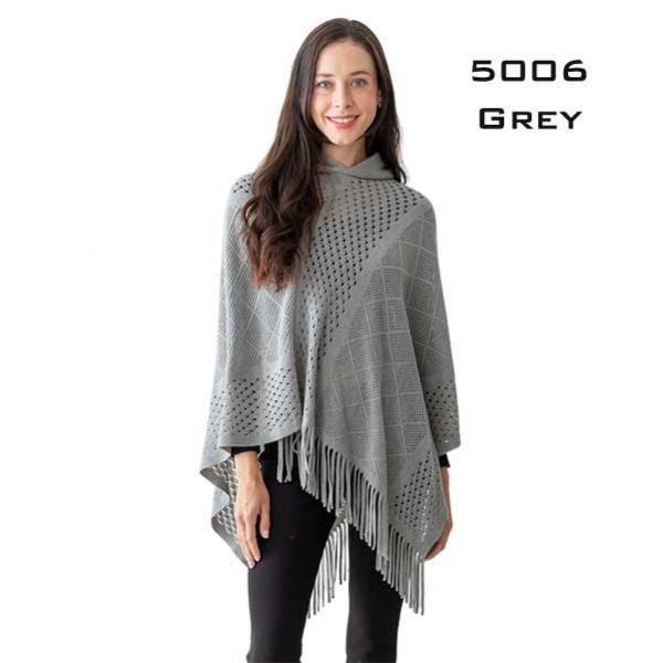 3527 - Assorted Autumn/Winter Ponchos  CWR5006 GREY Hooded Poncho with Fringe - One Size Fits Most