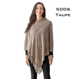 3527 - Assorted Autumn/Winter Ponchos  CWR5006 TAUPE Hooded Poncho with Fringe - One Size Fits Most