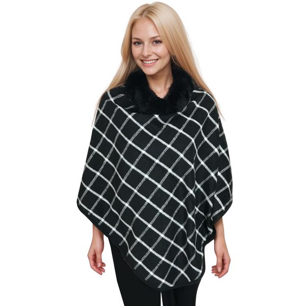 wholesale 3527 - Assorted Autumn/Winter Ponchos  PJA13 - Black <br>Windowpane Plaid
Poncho with Fur Collar - One Size Fits Most