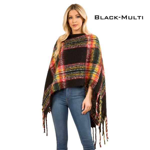 Wholesale 3125 - Nubby Plaid Poncho Black-Multi  - One Size Fits All