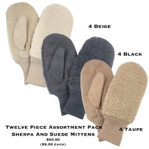 Wholesale Winter Mittens  3039 - Sherpa and Suede Mittens<br>
Twelve Piece Assortment Pack - One Size Fits Most