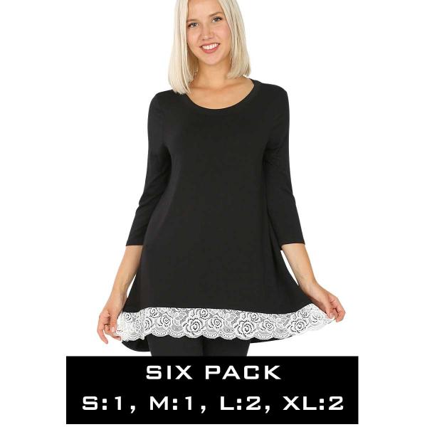 wholesale 5548 - 3/4 Sleeve Lace Trim Top 5548 - BLACK (SIX PACK) Lace Trimmed Top (1S,1M,2L,2XL) - S:1,M:1,L:2,XL:2