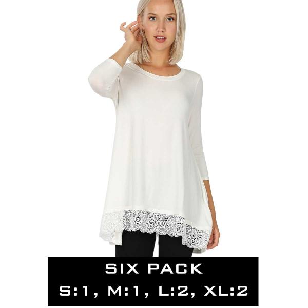 wholesale 5548 - 3/4 Sleeve Lace Trim Top 5548 - IVORY (SIX PACK) Lace Trimmed Top (1S,1M,2L,2XL) - S:1,M:1,L:2,XL:2